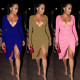Women's solid color front and back V-neck, fashionable ruffled dress, split sexy dress SZ8160