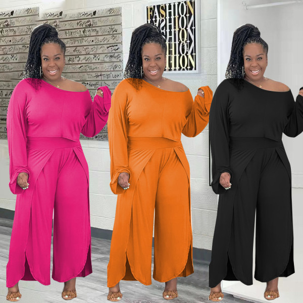 Plus size women's sexy features split two-piece solid color two-piece suit PH13258