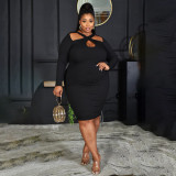 Autumn and winter fat lady plus size sexy temperament small pit strip solid color dress PH13257