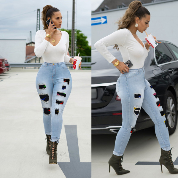 Autumn and winter new women's fashion slim stitching jeans TB9812