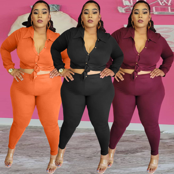 Plus size women's new solid color shirt pants suit BN210