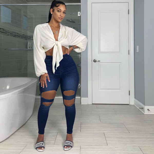Plus size women's fashion trendy ripped jeans PD9773