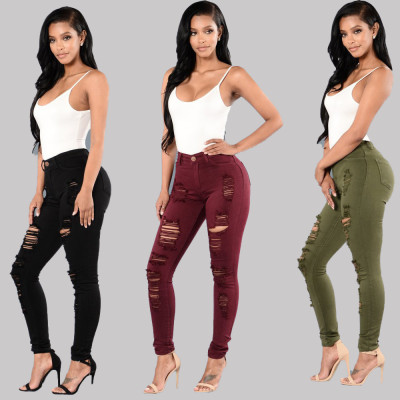 Knee hole slim-fit multicolor small foot pants beggar pants women jeans 10069