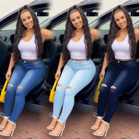 Women's high-waist slim-fit denim pants with holes PD9783