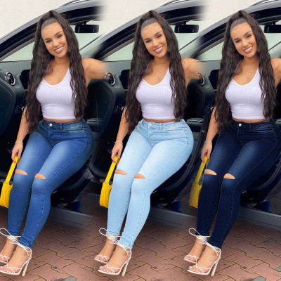 Women's high-waist slim-fit denim pants with holes PD9783