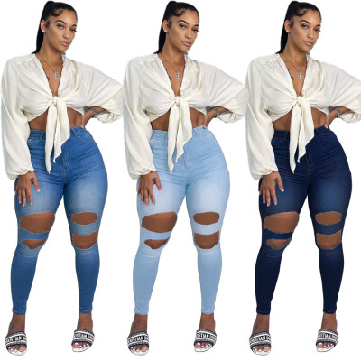 Plus size women's fashion trendy ripped jeans PD9773