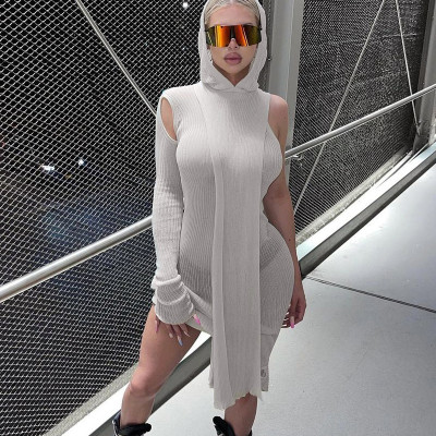 Women's 2021 new autumn fashion perspective irregular one-shoulder long-sleeved hooded skirt D186157A
