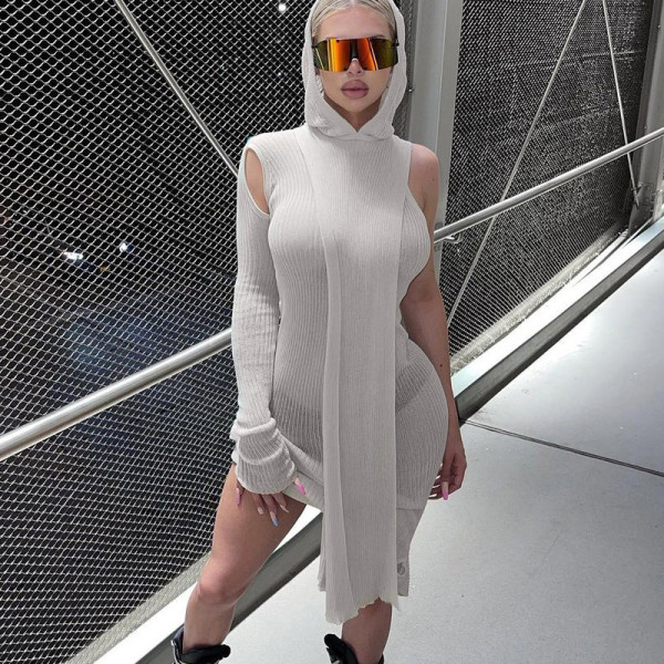 Women's 2021 new autumn fashion perspective irregular one-shoulder long-sleeved hooded skirt D186157A