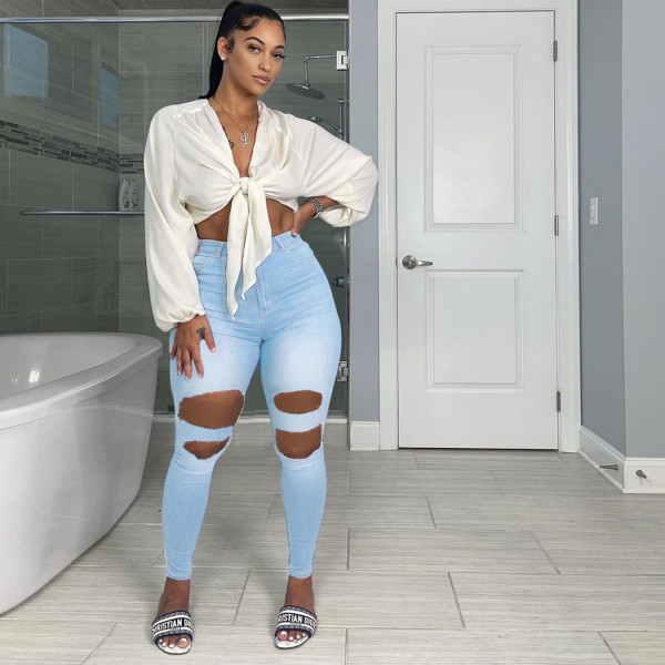 Fall/winter women's high-rise slim-fit ripped jeans PD9772