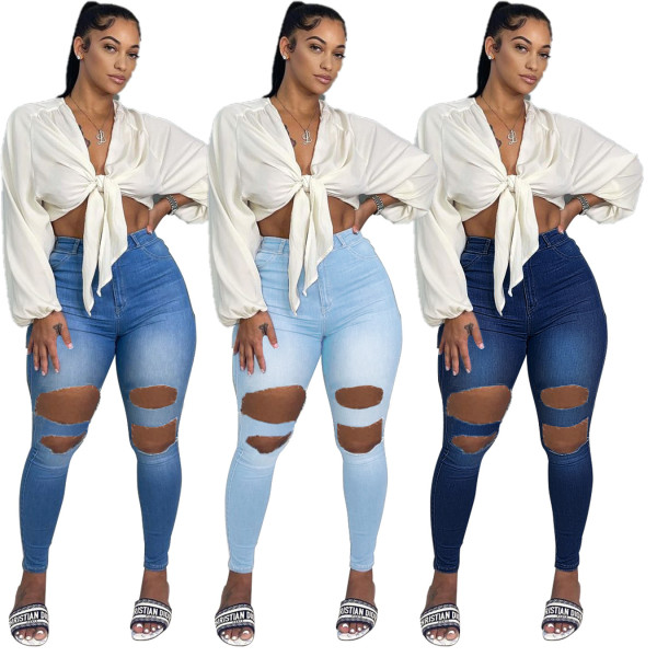 Fall/winter women's high-rise slim-fit ripped jeans PD9772