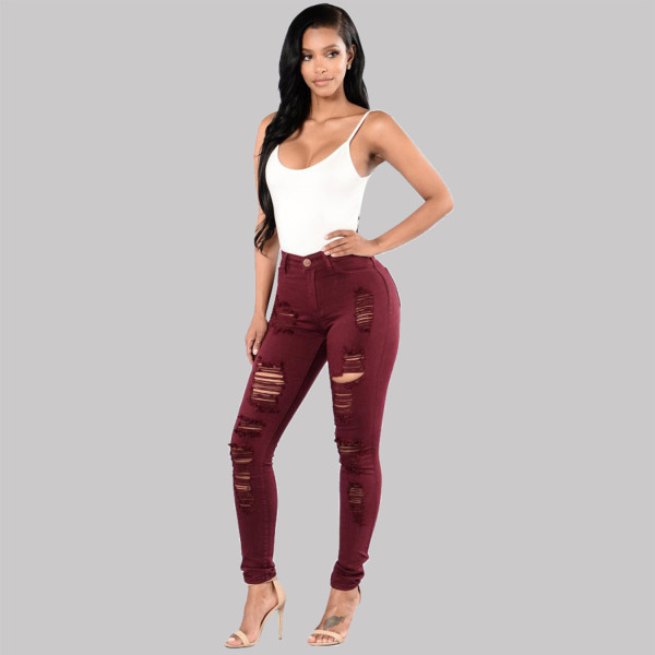 Knee hole slim-fit multicolor small foot pants beggar pants women jeans 10069