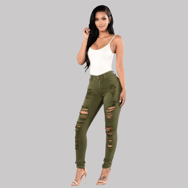 Knee hole slim-fit multicolor small foot pants beggar pants women jeans 10069