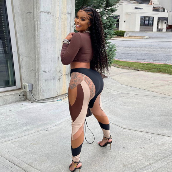 2021 autumn new women's sexy hollow mesh stitching contrast printing high waist slim leggings K21P08041