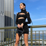 2021 autumn and winter women's new European and American sexy hollow solid color printing long-sleeved hip dress K21D07324