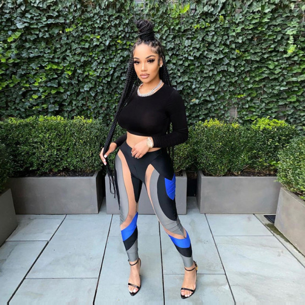 2021 autumn new women's sexy hollow mesh stitching contrast printing high waist slim leggings K21P08041