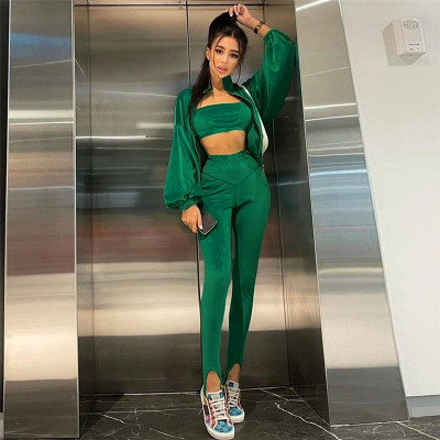 2021 autumn and winter new women's stand-up collar long-sleeved velvet jacket high waist bag hip foot pants casual suit K21S07576
