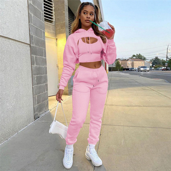 2021 autumn new women's irregular hooded sweater tight-fitting sleeveless vest casual trousers suit K21S07513