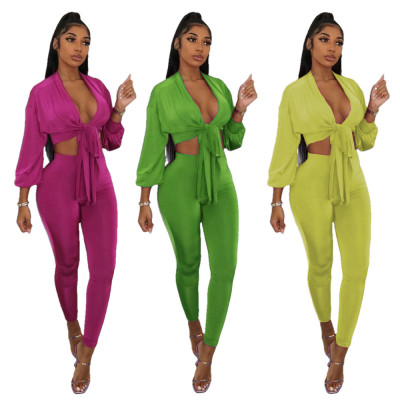 Women's solid color bandage fashion sexy casual suit two-piece suit OM1818