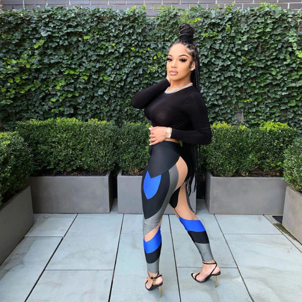 2021 autumn new women's sexy hollow mesh stitching contrast printing high waist slim leggings K21P08041