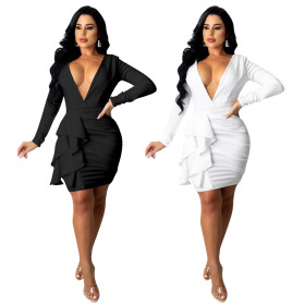 Women's fall/winter long-sleeved V-neck pleated open back sexy dress A866