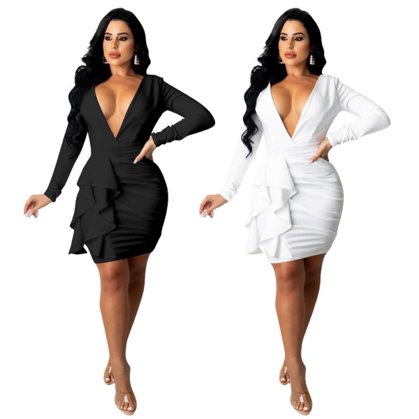 Women's fall/winter long-sleeved V-neck pleated open back sexy dress A866
