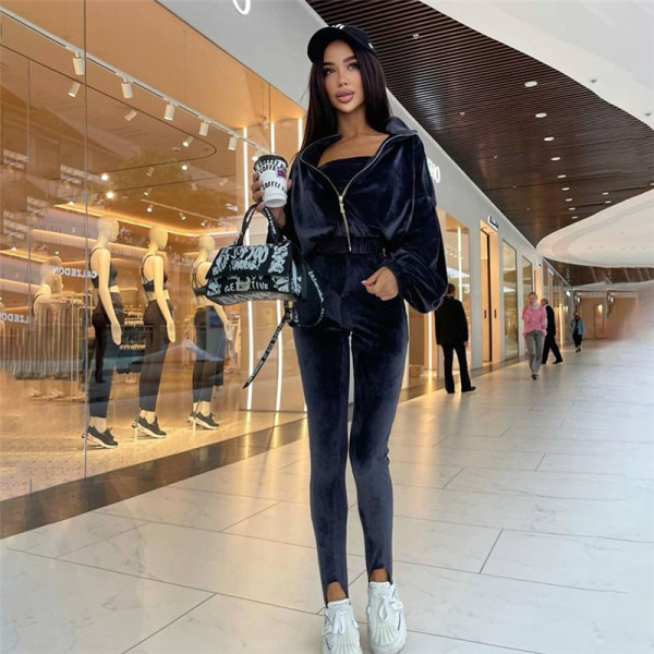 2021 autumn and winter new women's stand-up collar long-sleeved velvet jacket high waist bag hip foot pants casual suit K21S07576