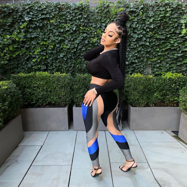 2021 autumn new women's sexy hollow mesh stitching contrast printing high waist slim leggings K21P08041