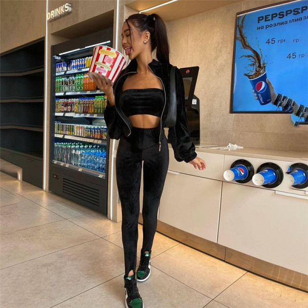 2021 autumn and winter new women's stand-up collar long-sleeved velvet jacket high waist bag hip foot pants casual suit K21S07576