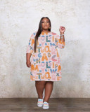 Large size letter printing casual women's long-sleeved dress Y9087