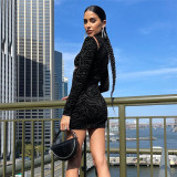 2021 autumn and winter women's new European and American sexy hollow solid color printing long-sleeved hip dress K21D07324