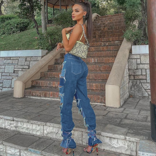 2021 autumn new women's fashion high-waisted hole street slim casual casual micro-la trousers women W21P06291