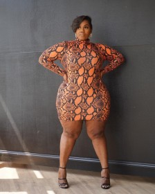 New autumn and winter plus size women's clothing casual fashion round neck snake print plus size dress L8850