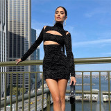2021 autumn and winter women's new European and American sexy hollow solid color printing long-sleeved hip dress K21D07324