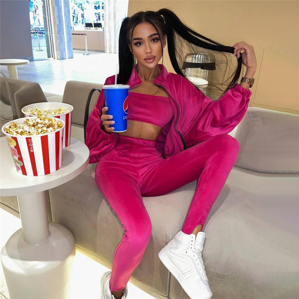 2021 autumn and winter new women's stand-up collar long-sleeved velvet jacket high waist bag hip foot pants casual suit K21S07576