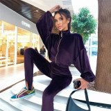 2021 autumn and winter new women's stand-up collar long-sleeved velvet jacket high waist bag hip foot pants casual suit K21S07576
