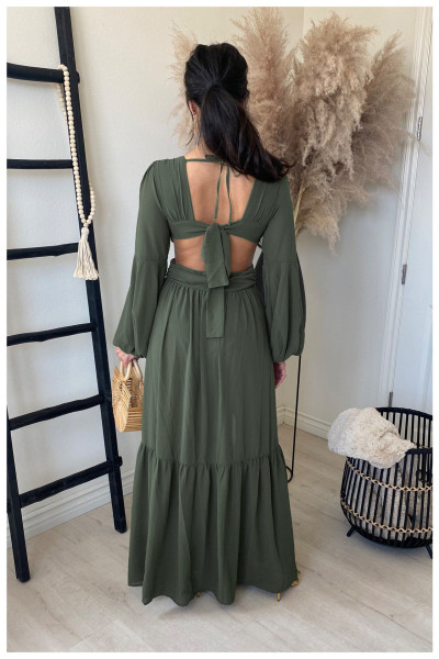 Pure color four-way stretch fabric sexy low-neck hollow long-sleeved dress QY5089