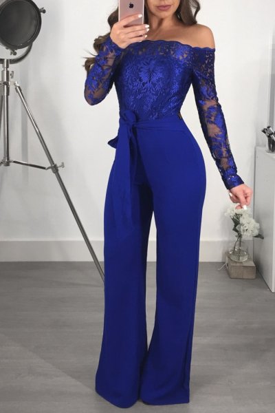 Women's casual women's water-soluble lace one-way neck wide-leg jumpsuit SJ3227