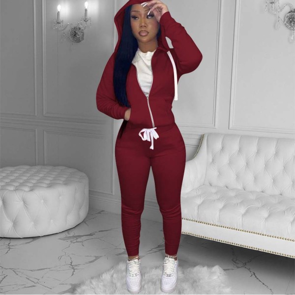 Autumn and winter solid color stovepipe slim-fit hooded sweater drawstring two-piece suit X1152