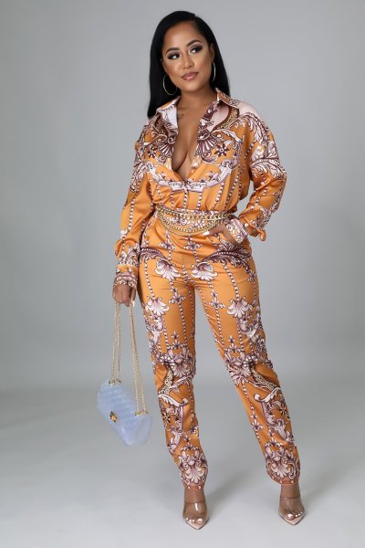 Cute fashion sexy lapel cardigan yellow print two-piece suit Z2022