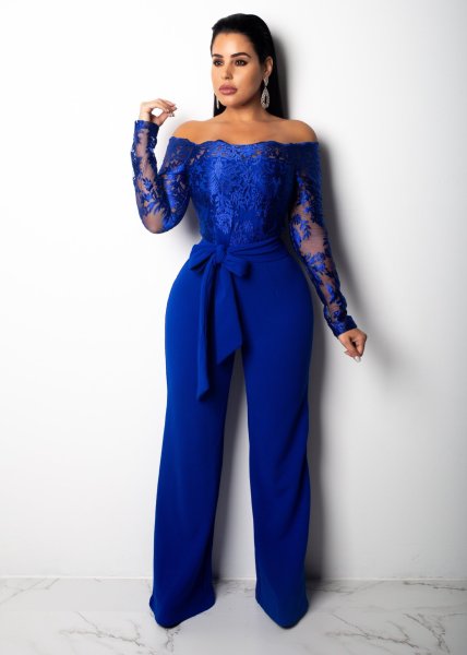 Women's casual women's water-soluble lace one-way neck wide-leg jumpsuit SJ3227