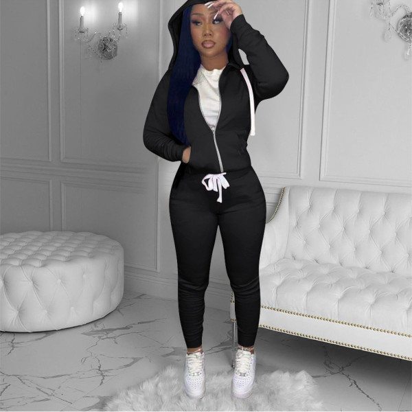 Autumn and winter solid color stovepipe slim-fit hooded sweater drawstring two-piece suit X1152