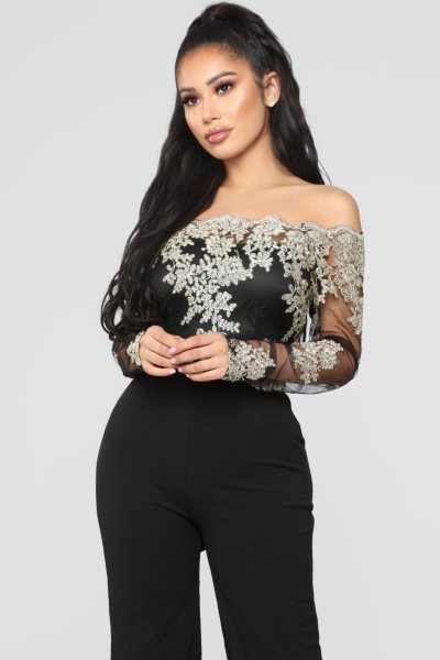 Women's casual women's water-soluble lace one-way neck wide-leg jumpsuit SJ3227