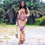 Women's Digital Printed Tube Top Drawstring Trumpet Sleeve Fashion Sexy 2-Piece Set SZ8183