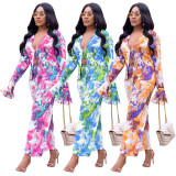 Women's Digital Printed Tube Top Drawstring Trumpet Sleeve Fashion Sexy 2-Piece Set SZ8183