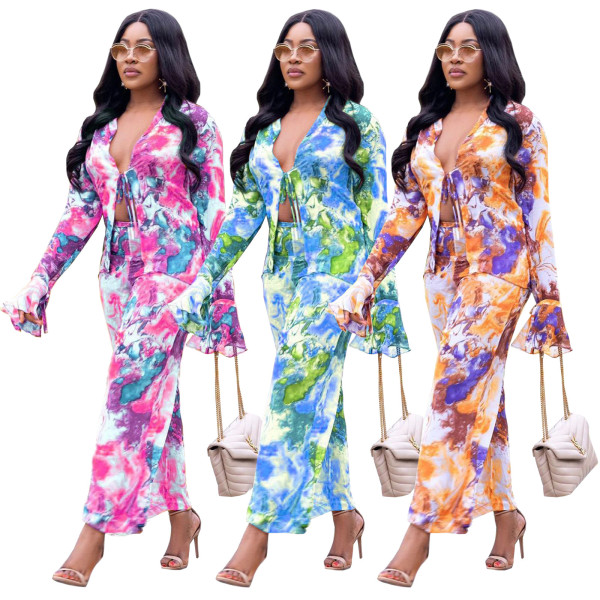 Women's Digital Printed Tube Top Drawstring Trumpet Sleeve Fashion Sexy 2-Piece Set SZ8183