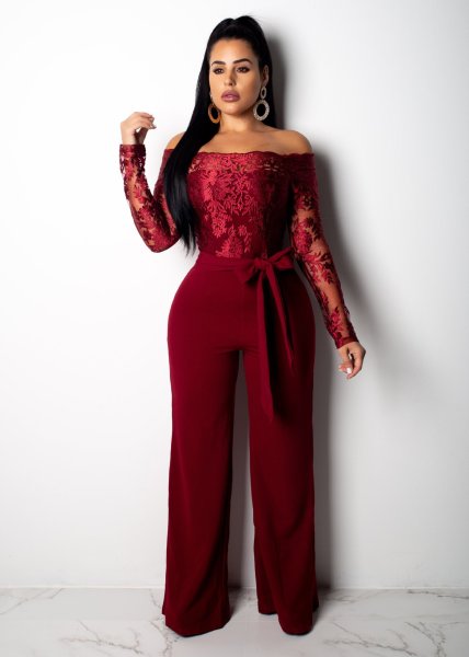 Women's casual women's water-soluble lace one-way neck wide-leg jumpsuit SJ3227
