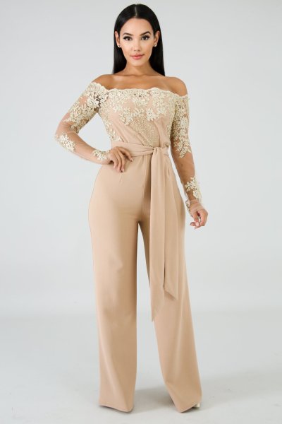 Women's casual women's water-soluble lace one-way neck wide-leg jumpsuit SJ3227