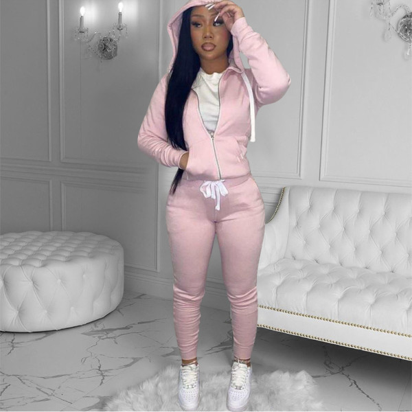Autumn and winter solid color stovepipe slim-fit hooded sweater drawstring two-piece suit X1152