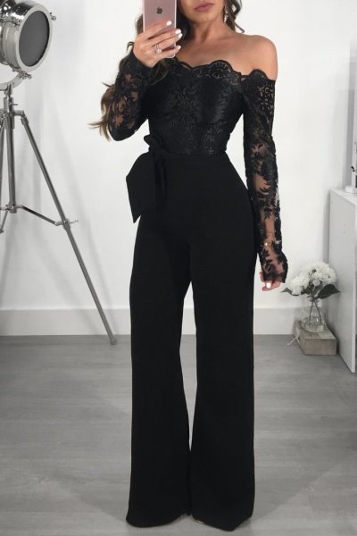 Women's casual women's water-soluble lace one-way neck wide-leg jumpsuit SJ3227