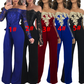 Women's casual women's water-soluble lace one-way neck wide-leg jumpsuit SJ3227